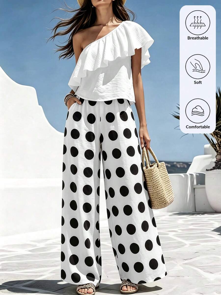 SHEIN LUNE Women's Vacation Style Ruffle Collar Polka Dot Wide Leg Pants Set - White - View 1