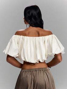 LYSMO Women's Sexy Off-Shoulder Bubble Hem Cropped Top, Minimalist Solid Color, Suitable For Summer Vacation - White - View 2