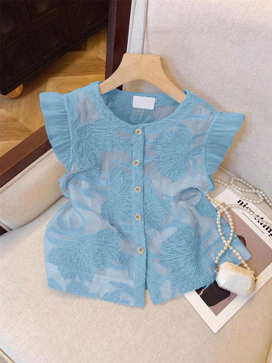 Muvela Blusa elegante de mujer de unicolor, cuello redondo, manga corta y bajo con volantes, para verano - Celeste - Ver 1