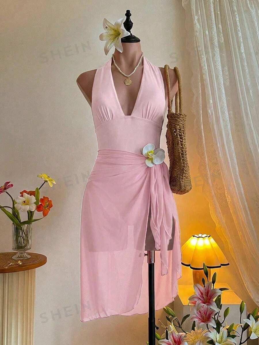 SHEIN MOD 两件套露背褶皱连体裤,带系带蝴蝶结罩衫 - 粉色 - 查看 1