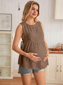 GentleRue Maternity Casual Loose Solid Color Round Neck Sleeveless Drawstring Maternity Top - Coffee Brown - View 5