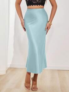 SHEIN PETITE Women's Elegant Versatile Satin Skirt - Teal Blue - View 6