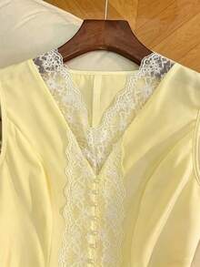 GlowEve Women's Sleeveless Lace Patchwork White Fitted Shirt, Elegant Button Front Closure, Fashionable - Yellow - View 7
