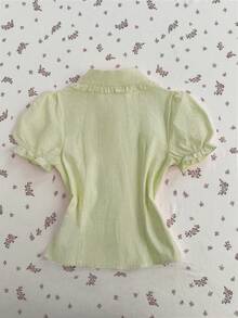 Flirla 女款淡黃色彼得潘領花瓣袖刺繡花卉蕾絲拼接休閒襯衫，適合野餐、夏季、可愛早午餐與日常穿著 - 綠色 - 查看 2