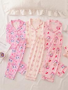 SHEIN 女童舒适卡通图案长袖上衣和裤子睡衣套装 - 彩色 - 查看 6