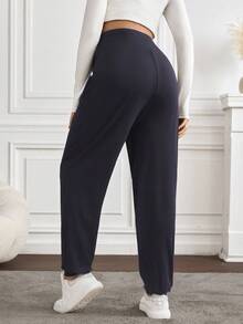 SHEIN Pantalones de maternidad casuales de unicolor con cintura ajustable - Lila Púrpura - Ver 2