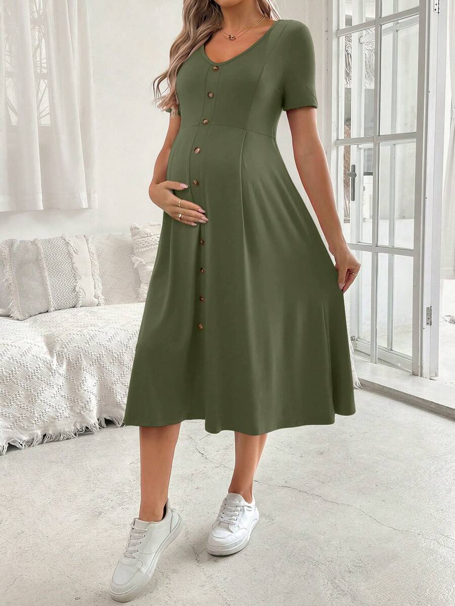 Cheriluna Maternity 女款優雅V領短袖A字版型鈕扣裝飾孕婦洋裝,夏季 - 軍綠色 - 查看 1