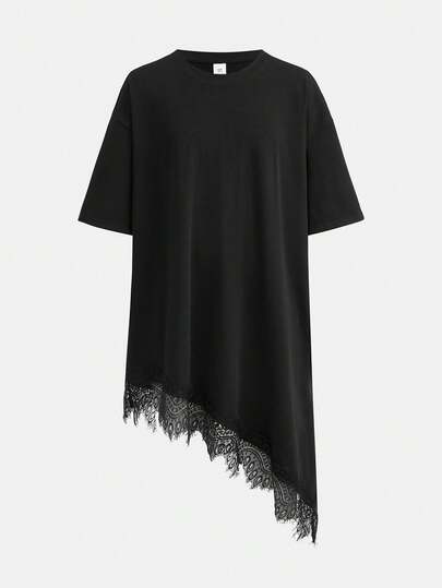 Girlism Robe t-shirt d'été pour préadolescentes, couleur unie décontractée avec patchwork en dentelle. Robe mi-longue à manches courtes, ourlet asymétrique, idéale pour les vacances et les déplacements quotidiens
