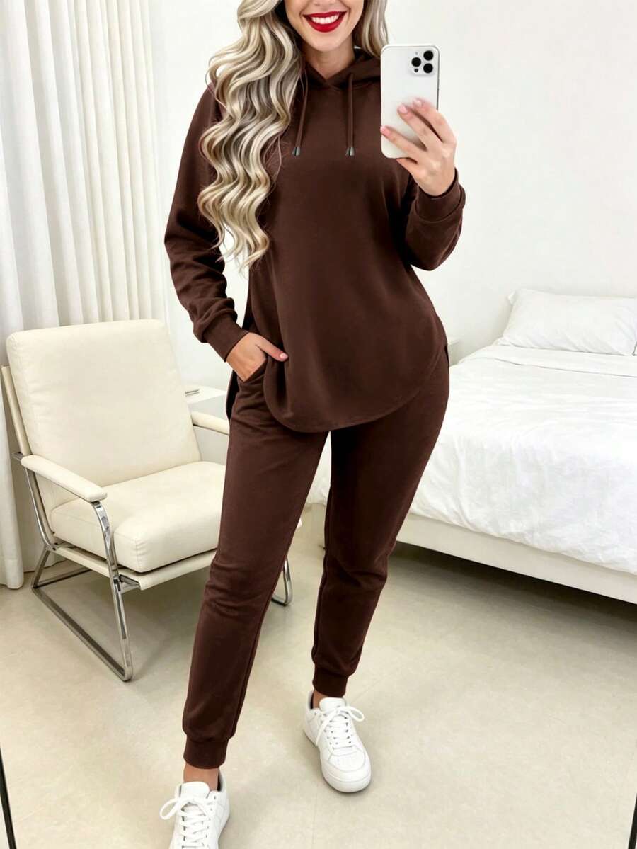 Tropvida Women's Solid Color Long Sleeve Drawstring Hooded Sweatshirt And Pants Casual 2 Pieces Set, Autumn - Coffee Brown - View 1