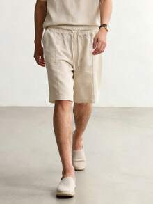 Manfinity Dauomo Quần short nam bằng vải lanh họa tiết đồng xu cổ điển, kiểu dáng đơn giản, ống thẳng, thích hợp cho việc đi làm. - Màu be - Xem 3