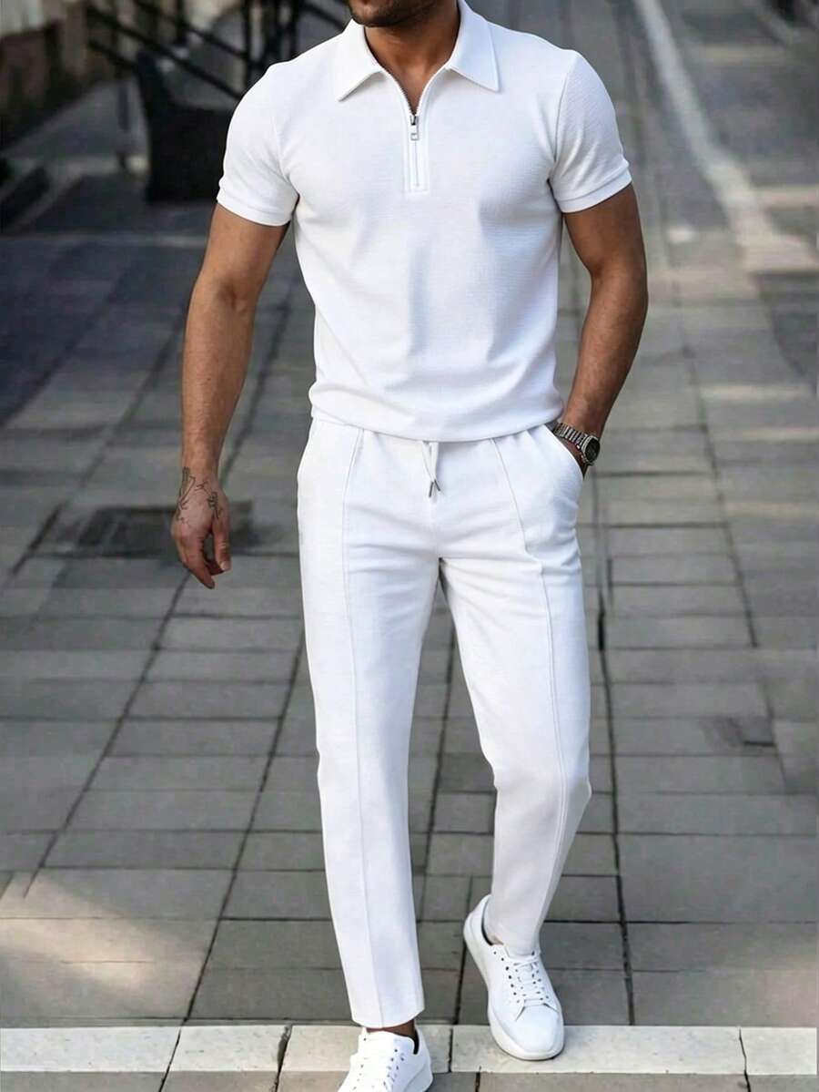 Manfinity Homme A123 Half-Zip Solid Color Summer Short Sleeve Polo Shirt And Slant Pocket Casual Pants Set - White - View 1