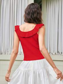 Gaivellea Women's Summer Solid Color Ruffle Tie Front Knit Top Golf Pastal Sexy - Red - View 2