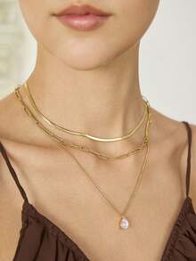 MOTF PREMIUM PRE18K GOLD PLATED THREE-PIECE WATER DROP GEM PENDANT WATERPROOF NECKLACE - Gold 1 - View 7