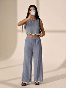 SHEIN PETITE 女款格紋圓領背心與鬆緊腰長褲兩件套，海軍藍與白色，夏季休閒度假風，蕾絲飾邊克ريب面料復古法式套裝，適合嬌小女性 - 藏蓝色 - 查看 6