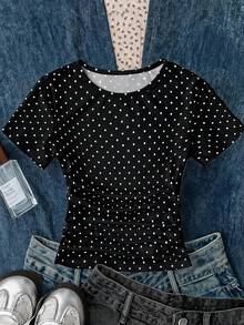 3pcs/Set Tween Girls' Casual Versatile White, Cream Striped, Black Polka Dot Round Neck Ruched Fitted Short Sleeve T-Shirts, Suitable For Daily Wear - Multicolor - View 8