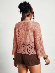 Freevana Cárdigan de punto calado de talla grande, adecuado para vacaciones - Rosa - Ver 6