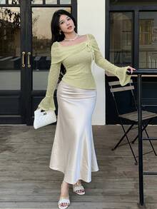Feyla Women Elegant Square Neck Sheer Dot Mesh Top Long Bell Sleeve Breathable Blouses - Yellow - View 7