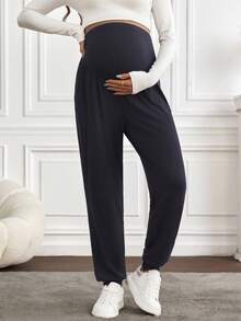 SHEIN Pantalones de maternidad casuales de unicolor con cintura ajustable - Lila Púrpura - Ver 3