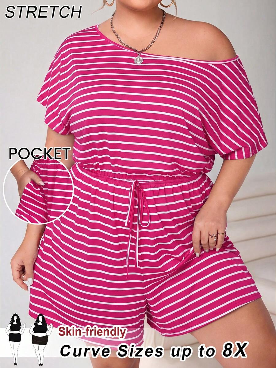 SHEIN CURVE+ 大码女式连体裤,休闲条纹连体裤,夏季女式连衣裙连身裤,短裤女式连体裤 - 玫紅色 - 查看 1