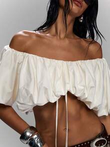 LYSMO Women's Sexy Off-Shoulder Bubble Hem Cropped Top, Minimalist Solid Color, Suitable For Summer Vacation - White - View 8