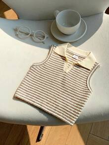 SHEIN 青少年女孩可愛條紋針織無袖 Polo 衫，適合夏季多用途穿搭 - 彩色 - 查看 3