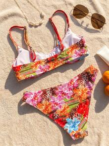 Swim Vcay Set de 2 piezas Conjunto de playa para mujer, moda lindo y sexy para vacaciones, fiesta en la piscina o en la playa, con estampado floral aleatorio/retro, top corto con tirantes ajustables y Bottom de bikini, primavera/verano - Multicolor - View 2