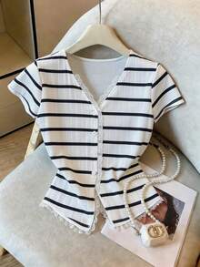Qadelle Áo khoác cardigan ren kẻ sọc đen kiểu dáng thường ngày bán chạy nhất mới - Nhiều màu - Xem 4