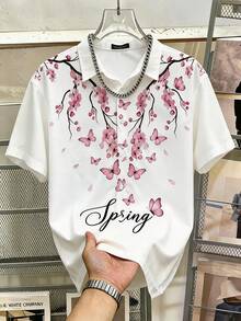 Manfinity Joysei Áo sơ mi ngắn tay màu trắng, phong cách thường ngày, thời trang mùa hè, in hình hoa anh đào nở rộ. - trắng - Xem 5