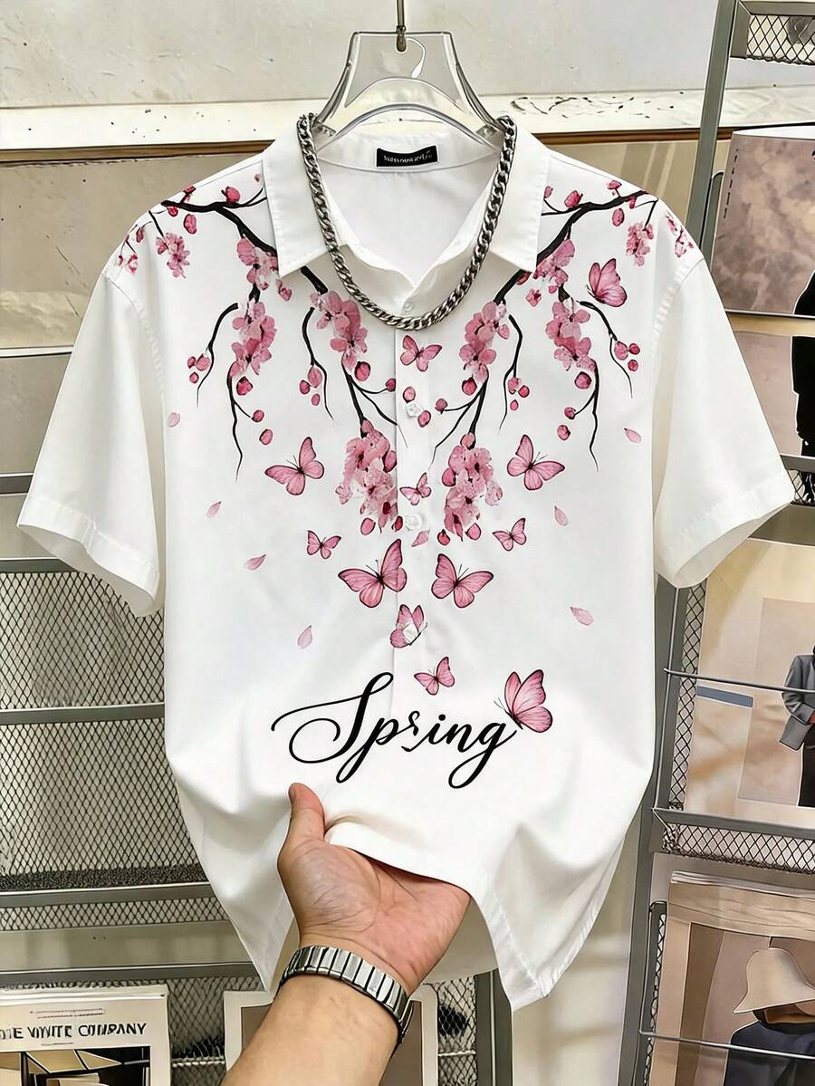 Manfinity Joysei 休闲时尚夏季樱花盛开标语白色短袖衬衫 - 白色 - 查看 1