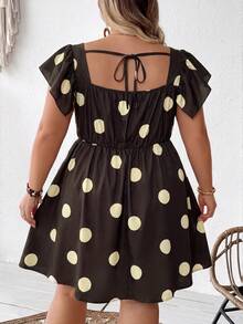 SHEIN CURVE+ Plus Size Women Lemon Fruit Print Sweetheart Neck Puff Sleeve A-Line Mini Dress, Vacation Style For Summer Boho Vacation - Brown - View 2