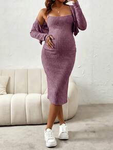 SHEIN 2 piezas Conjunto de vestido de tirantes acanalado con abertura y chaqueta elegante de maternidad, para verano - Morado - Ver 5