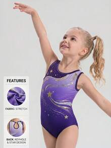 SHEIN Young Girl Round Neck Contrast Color Star Pattern Hollow Out Sleeveless Jumpsuit - Purple - View 3