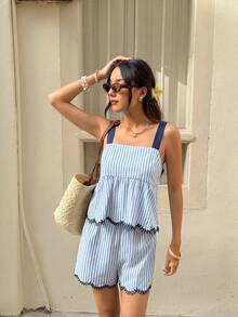 SHEIN Frenchy 女士方领无袖荷叶边条纹夏季时尚背心短裤两件套 - 藍白色 - 查看 8