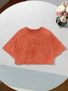 Comfortcana 女士加厚基础款短袖T恤，纯棉面料，水洗工艺，橙色，夏季上衣 - 橘色 - 查看 5