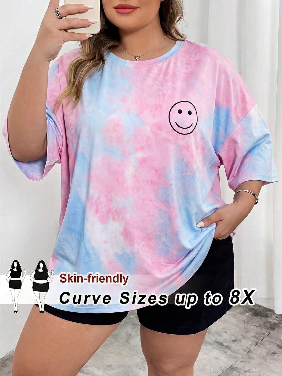 SHEIN CURVE+ 夏季女士扎染印花圆领短袖T恤,大码可选 - 彩色 - 查看 1