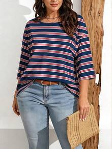 EMERY ROSE Camiseta de mujer talla grande con estampado de rayas y hombros caídos, adecuada para el verano - Multicolor - Ver 3