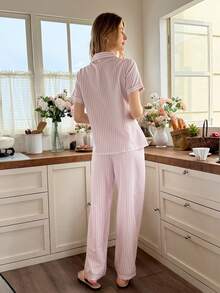 Snug Reverie Classic Striped Collar Short Sleeve Pajama Set - Baby Pink - View 2