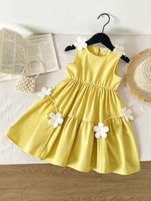 SHEIN Vintaside Kids Young Girl' Sleeveless Yellow Dress, Soft And Fresh With Pleated Dress Body, Decorated With 3D White Flower On Shoulder And Hem, Elegant And Cute For Outdoor, Casual, Holiday Wear In Spring And Summer - Yellow - View 3