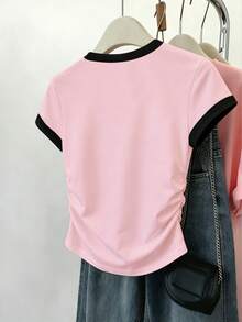 1pc Tween Girls' Maldives Floral Letter Print Contrast Color Short Sleeve T-Shirt,Light Pink,Summer,Graphic,Streetwear,City Break,Holiday Cropped Tee - Multicolor - View 2