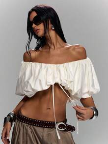 LYSMO Women's Sexy Off-Shoulder Bubble Hem Cropped Top, Minimalist Solid Color, Suitable For Summer Vacation - White - View 5