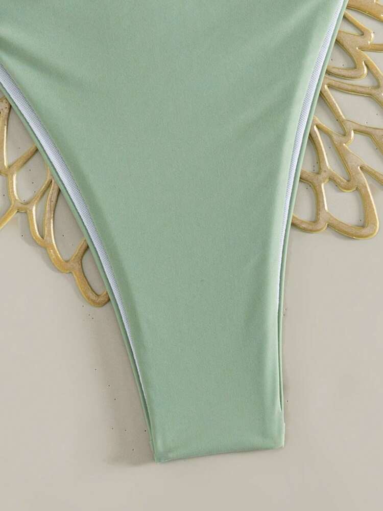 Swim Vcay 女款綠色珠飾純色兩件式泳衣，性感海灘度假泳裝套裝 - 綠色 - 查看 4