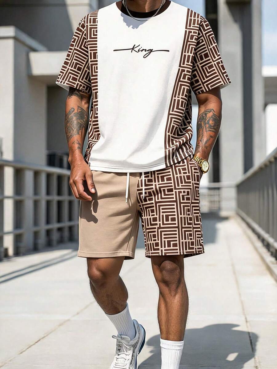 Sorvial 2pcs/Set Men's Casual Geometric Color Block Patchwork Print T-Shirt Set, Holiday - White - View 1