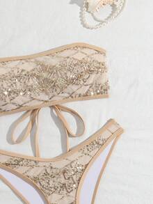 Costavie 2-Piece Floral Sequin Textured Bandeau Bikini Set, Sexy Swimwear For Women, Spring/Summer - Gold - View 9