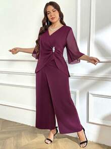 Reflora Conjunto de 2 piezas de top y pantalones elegantes con decoración de diamante de imitación para tallas grandes - Rojo violeta - Ver 6