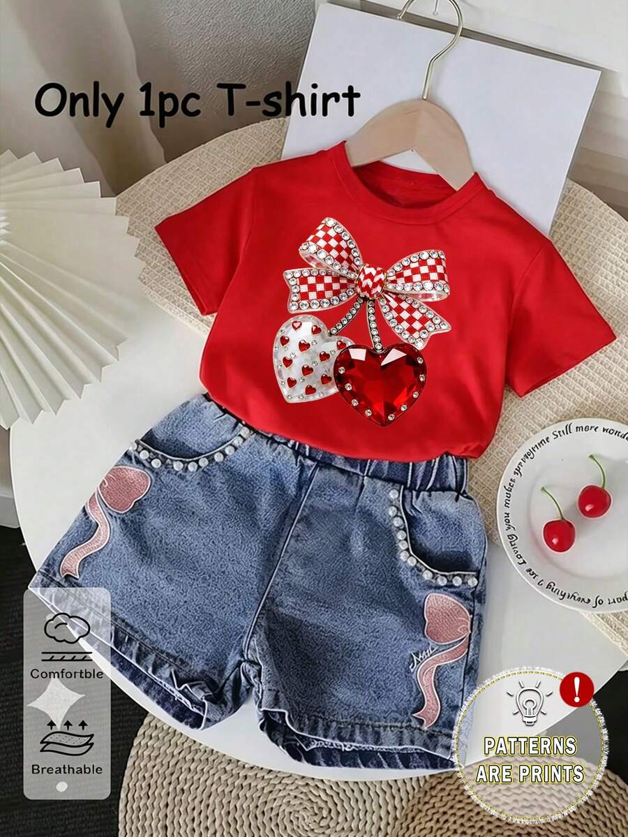 Elladie kids Kaos Anak Perempuan Musim Semi dan Musim Panas Kasual Modis Kreatif Personalisasi Minimalis Segar Motif Kotak-kotak Pita Hati Cetak Grafis, Nyaman untuk Dipakai Sehari-hari, Cocok untuk Musim Semi, Musim Panas dan Musim Gugur - Merah - View 1