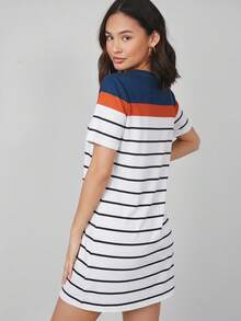 SHEIN BASICS Women's Summer Casual Vacation & Commute Colorblock Striped Print Short Sleeve Mini Dress - Multicolor - View 5