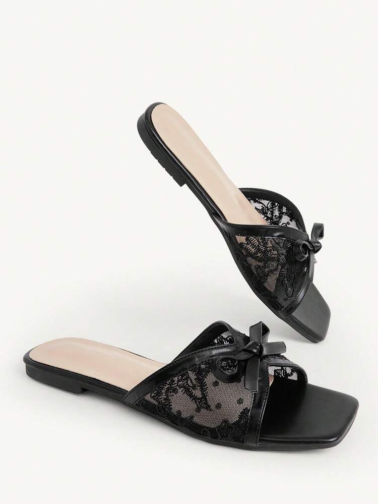 CUCCOO CHICEST Women Shoes Women's New Summer Square Toe Flat Bottom Black Lace Bow Fashionable And Elegant Women's Flat Sandals Slippers Suitable For Daily Commuting Home Office Vacation And Other Places