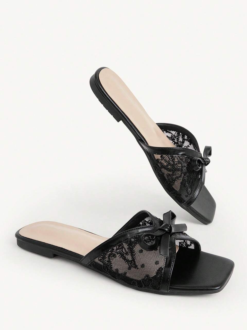CUCCOO CHICEST Women Shoes Women's New Summer Square Toe Flat Bottom Black Lace Bow Fashionable And Elegant Women's Flat Sandals Slippers Suitable For Daily Commuting Home Office Vacation And Other Places