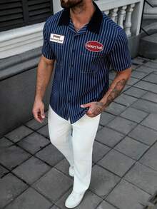 Manfinity Hypemode Camisa de manga corta a rayas de estilo americano para hombres - Azul Marino - Ver 3