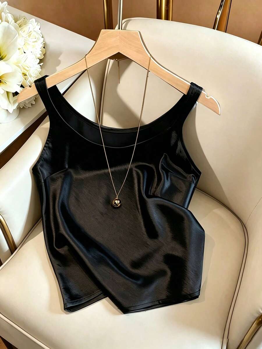 GlowEve Áo hai dây satin bóng cho nữ - màu đen - Xem 1